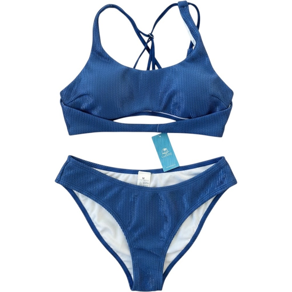 Cupshe Blue Ribbed Shimmer Scoop Neck Bikini Set Two Piece Swimsuit Medium NEW